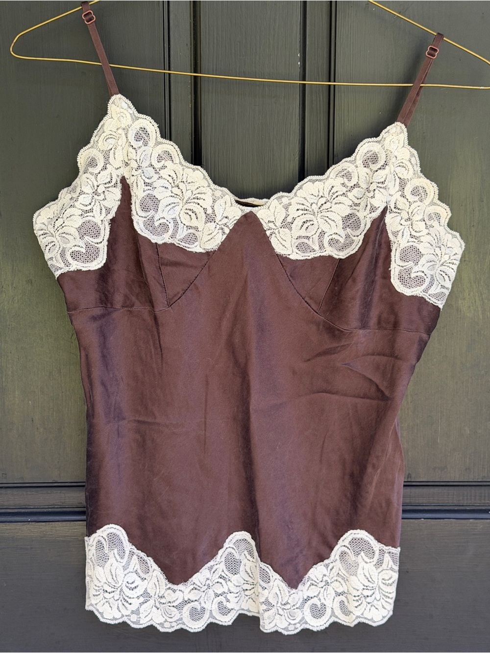 Vintage Lace Trim Satin Cami Tank Top - Brown & Cream